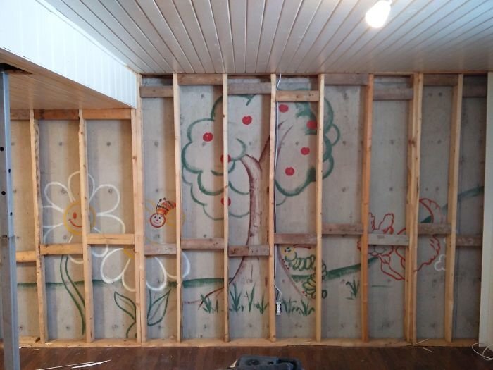 #28 Friend Tore Down His Wall For Renovations And Found This Mural On Another Wall Behind It