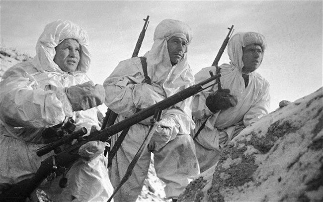Soviet sniper Vassili Zaitsev leads 2 sniper students, winter of 1942, Stalingrad