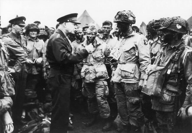 Gen. Dwight D. Eisenhower addresses paratroopers on June 5th, the night before D-Day, WWII, 1944