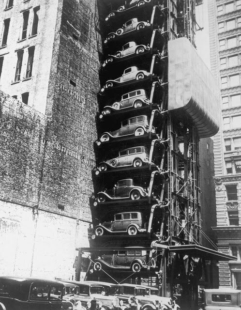An elevator parking lot in New York, ca. 1920.