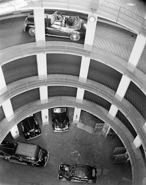 The Autorimessa Piazzale Roma, a garage in Piazzale Roma, Venice, Italy, ca. 1950.