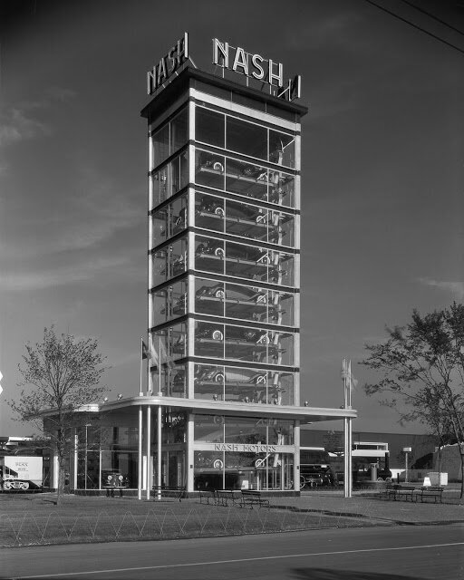 The Nash Motors automobile elevator display at the Century of Progress International Exposition in Chicago, ca. 1933.