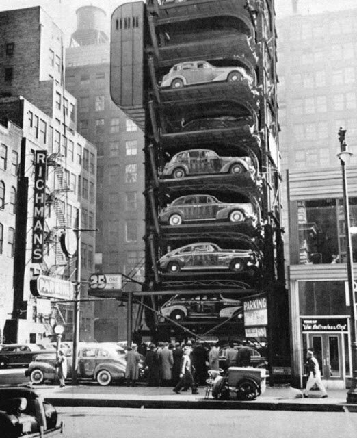 A vertical parking lot structure in Chicago, ca. 1941.
