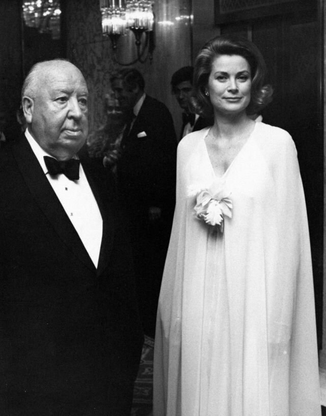 April 1974. Grace Kelly and Alfred Hitchcock at the Film Society Tribute to the director. Photo by Ron Galella.