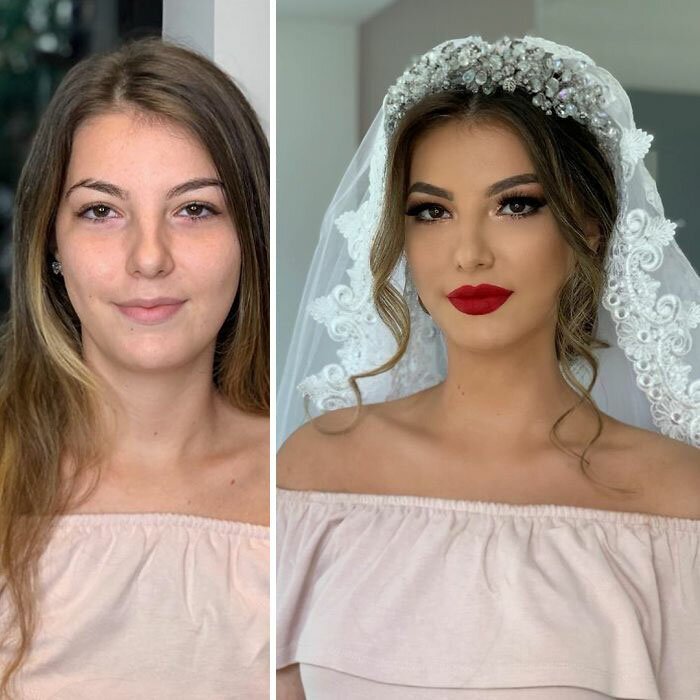 23 Photos Taken Before And After Brides Got Their Wedding Makeup