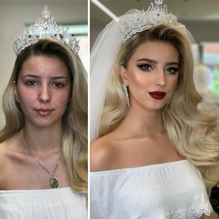 23 Photos Taken Before And After Brides Got Their Wedding Makeup