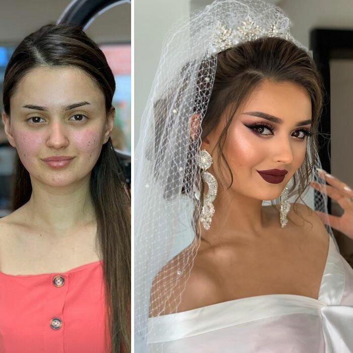 23 Photos Taken Before And After Brides Got Their Wedding Makeup