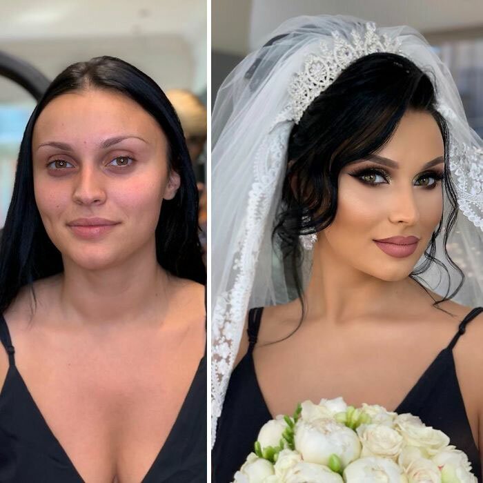 23 Photos Taken Before And After Brides Got Their Wedding Makeup