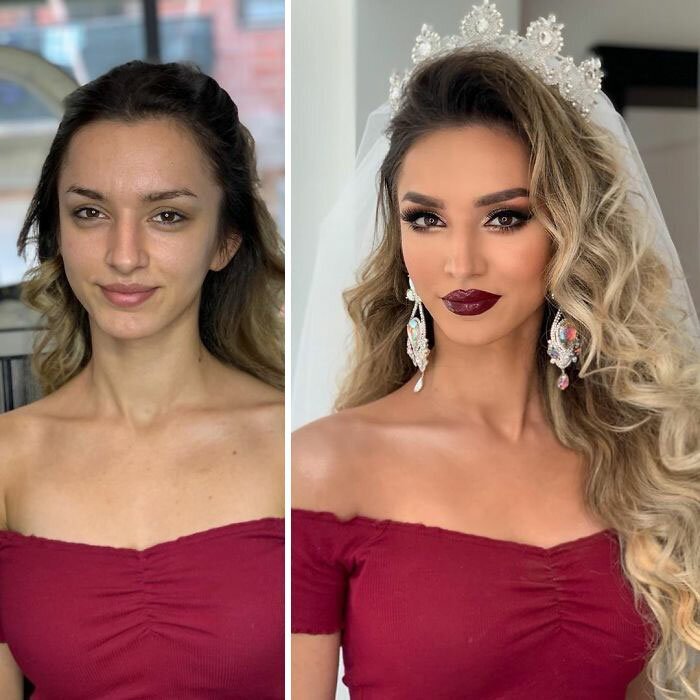 23 Photos Taken Before And After Brides Got Their Wedding Makeup