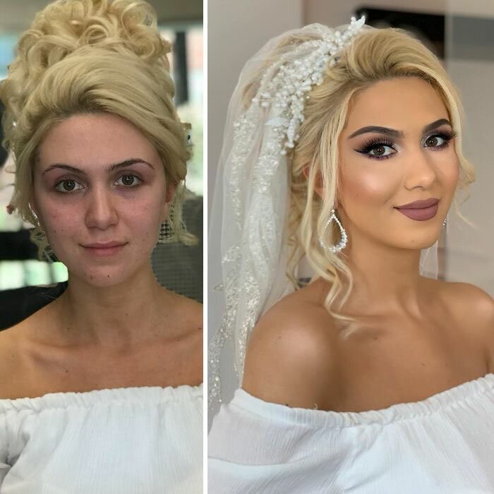 23 Photos Taken Before And After Brides Got Their Wedding Makeup