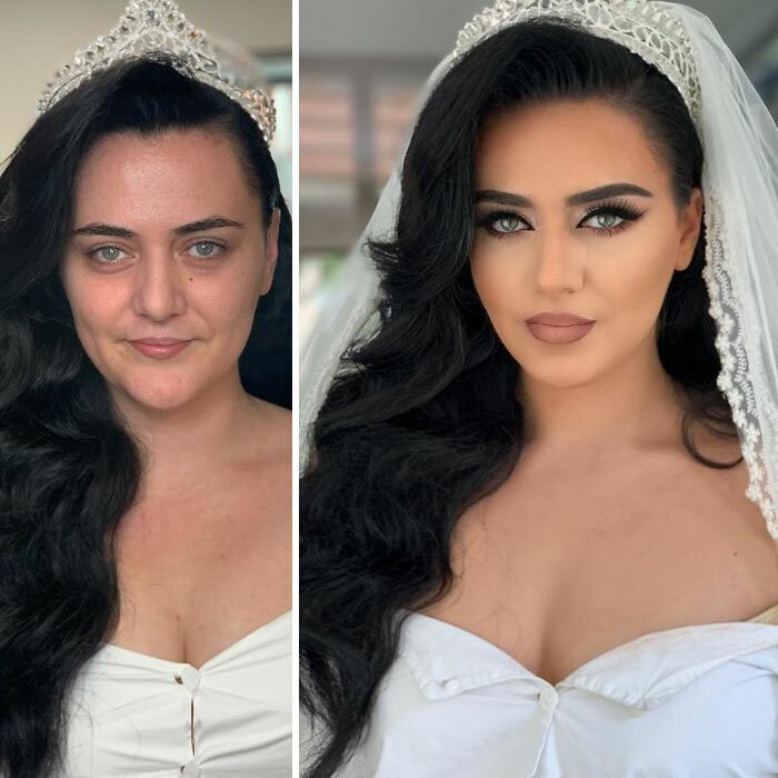 23 Photos Taken Before And After Brides Got Their Wedding Makeup