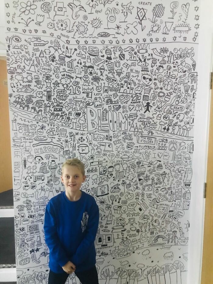 He spent 7 hours drawing his awesome doodles on his ‘Bloom’ art school’s wall