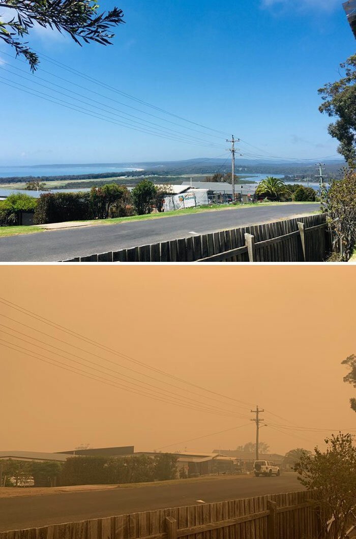 This Is The View Today Compared To The Same Time Last Year Where We’re Staying In Merimbula With Our In-Laws For Our Summer Holiday. We Can Hear Firefighting Helicopters Landing At The Airport Below But Cannot See A Thing