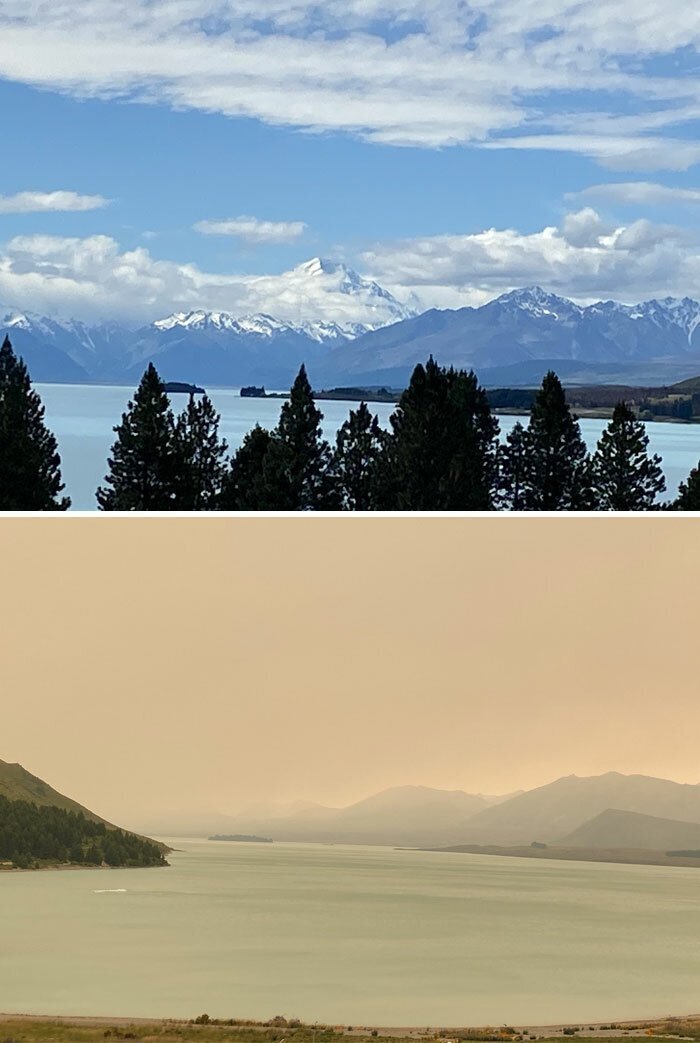 Australia’s Smoke From The Bush Fires Means You Can’t See Mt Cook In New Zealand. Look At The Before And After Pictures