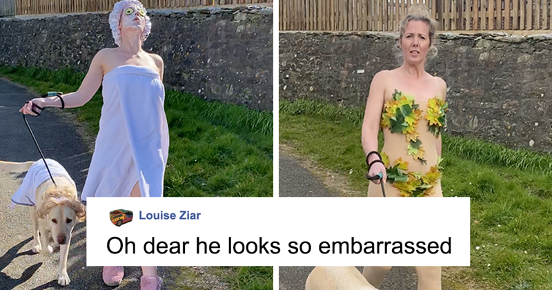 Woman Wears Bizarre Costumes While Walking Her Dog During The Quarantine And He Looks Embarrassed