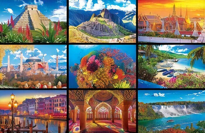 It includes pictures of the Great Wall of China, the Roman Colosseum, the Taj Mahal, among many other places