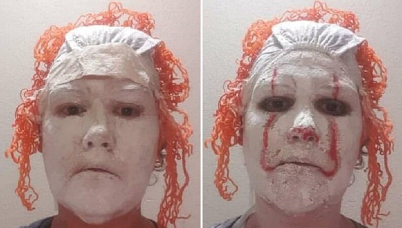 She wore an orange wig and painted her face white before adding the characteristic red nose and smile, which extends above her eyes