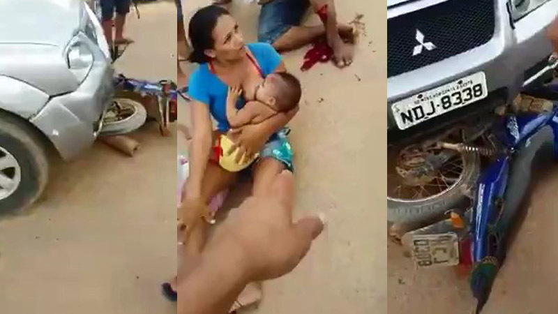 Мать кормит грудью своего младенца после ДТП 