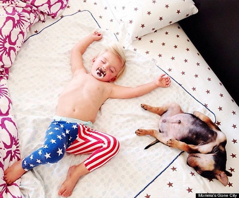 Очаровательная  фотосессия спящего ребенка и щенка