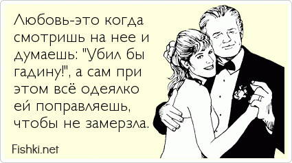 Любовь-это когда  смотришь на нее и думаешь: "Убил бы гадину!", а сам при этом всё одеялко ей поправляешь,  чтобы не замерзла.