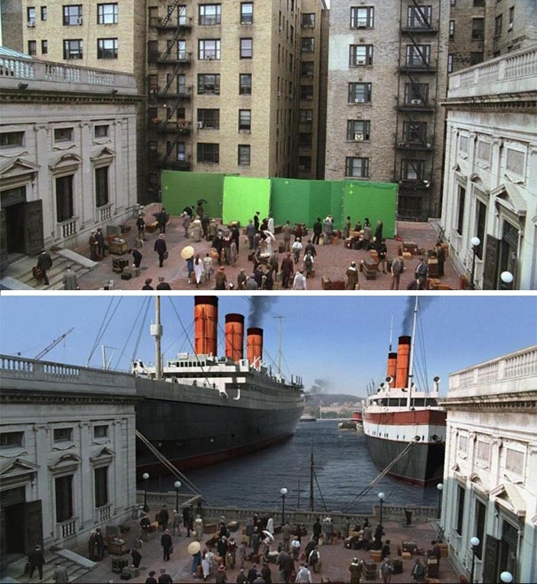 Кадры из популярных фильмов, до и после наложения графики.
