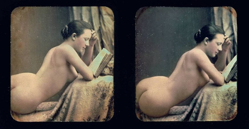 Бруно Браке - Девушка читает книгу, стереофотография, около 1860 