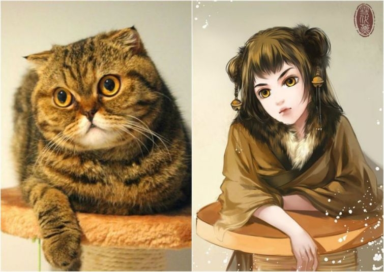 Художник искусно превращает домашних кошек в персонажей аниме