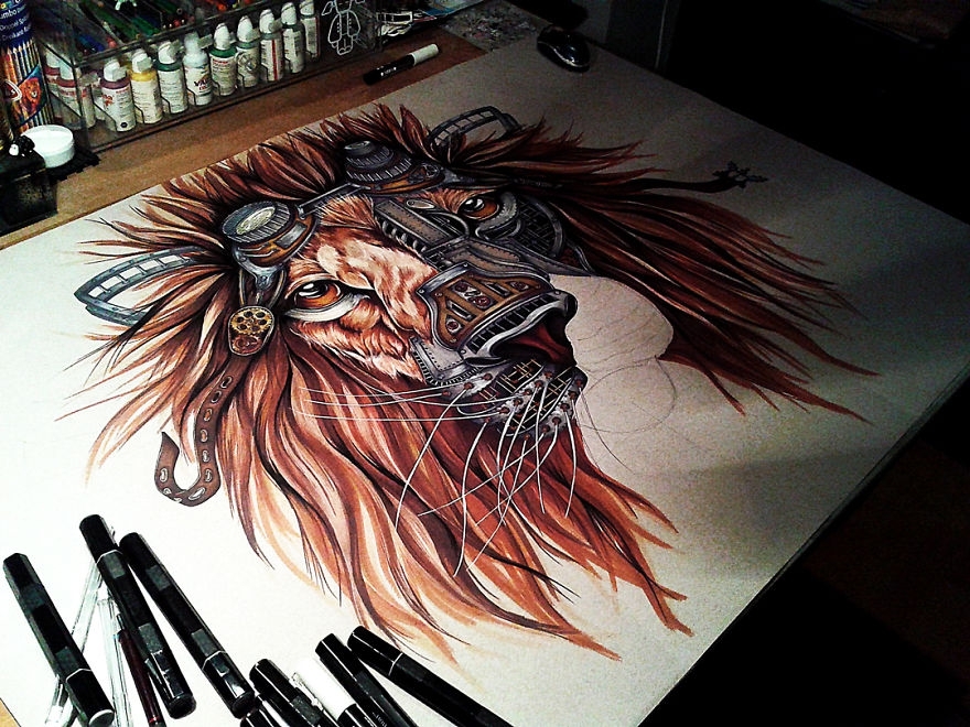 Портрет льва в стиле стимпанк