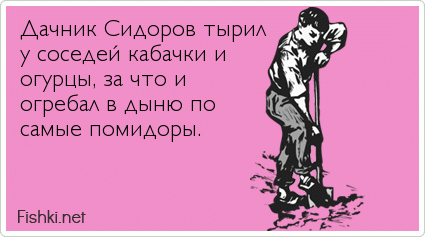 Дачник Сидоров тырил у соседей кабачки и огурцы, за что и огребал в дыню по самые помидоры. 