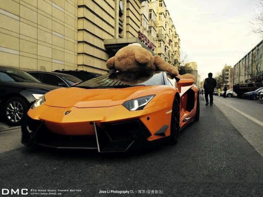 Lamborghini с плюшевым медведем на крыше