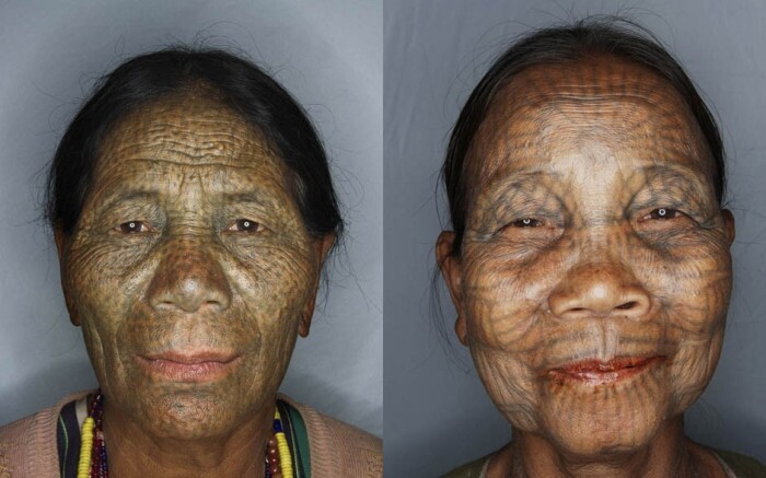 Татуированные лица женщин народности Чин из Бирмы