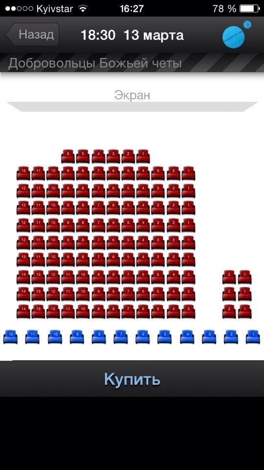 скрин, того сколько билетов продано перед просмотром в кинотеатре г. Одесса