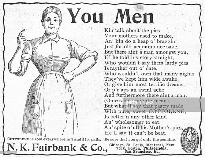 Реклама разрыхлителя для теста Cottolene — в стихах, Чикаго, Иллинойс, 1893.