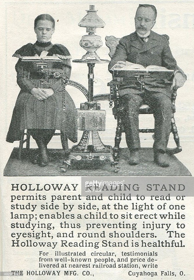 Реклама пюпитров для чтения книг и газет производства компании Holloway, Огайо, 1898.