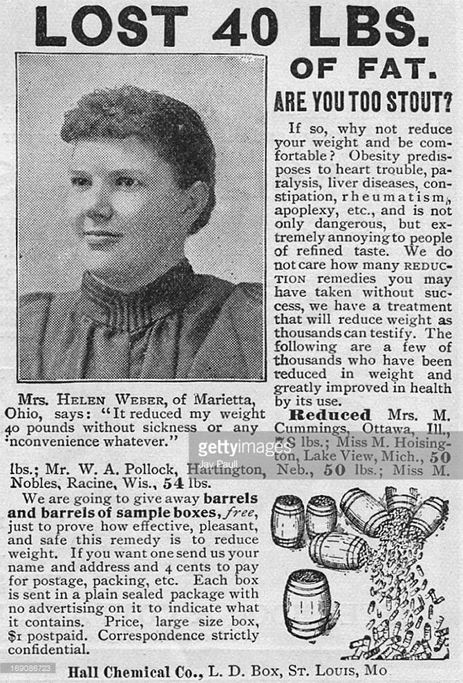 Реклама препарата для похудения Hall, Сент-Луис, Миссури, 1899. На снимке — миссис Хелен Вебер из Мариетты, штат Огайо.