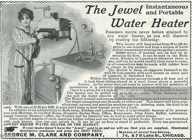 Реклама портативного моментального обогревателя для воды George M Clarck, Чикаго, Иллинойс, 1901.