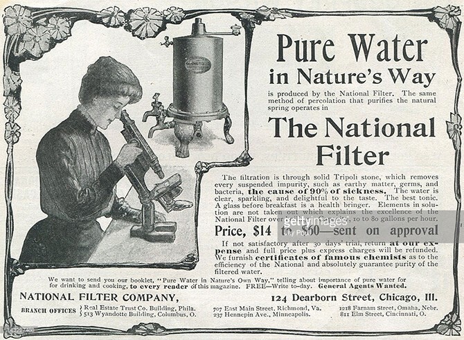 Реклама компании фильтров для воды производства National Filter Company of Chicago, Иллинойс, 1901.