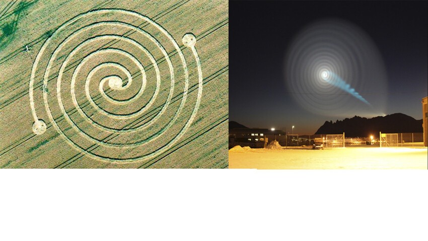  23 июня 2002 года в West Overton, Wiltshire (Великобритания) появился круг в виде спирали, и похожее наблюдали 09.12.09 в небе Норвегии. Спирали закручены в одну сторону: