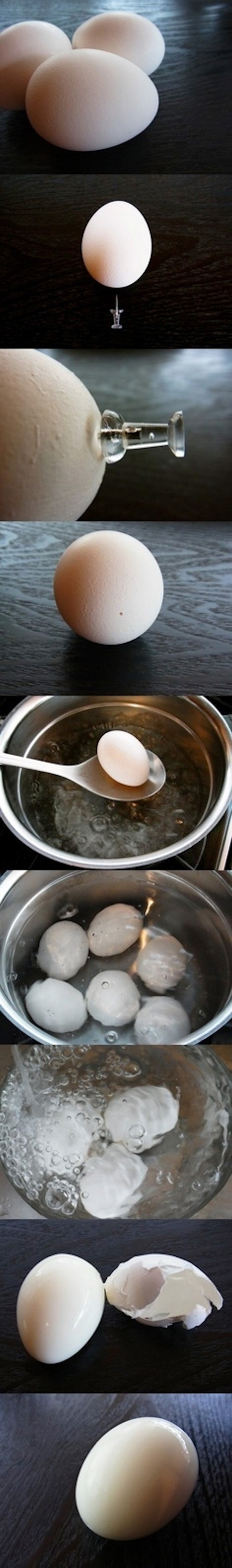 Используй канцелярскую кнопку, чтобы вареное яйцо было проще чистить