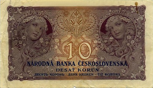 Одна из первых банкнот новой страны - Чехословакии. Альфонс Муха занимался дизайном чехословатских денег.