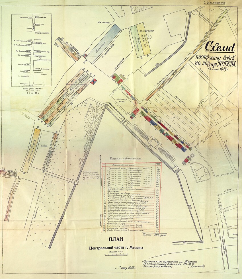 Схема построения войск на параде «Победа» 24.06.1945 г., утвержденная начальником гарнизона г. Москвы, командующим войсками МВО генерал-полковником Артемьевым