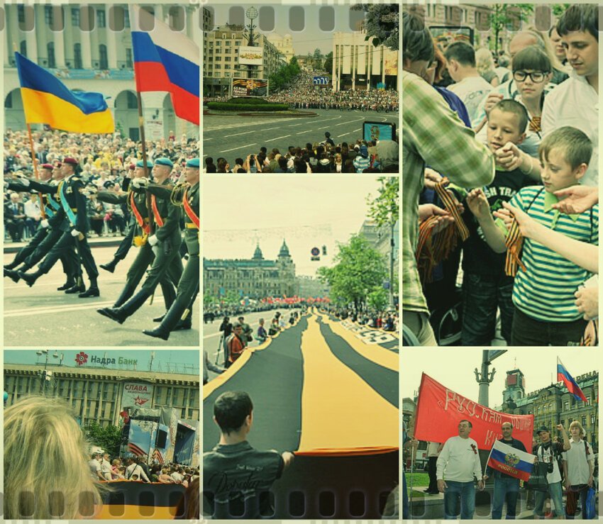 По Крещатику несут самую большую в мире георгиевскую ленту, сшитую в Одессе (142 х 6 метра, 200 кг). 