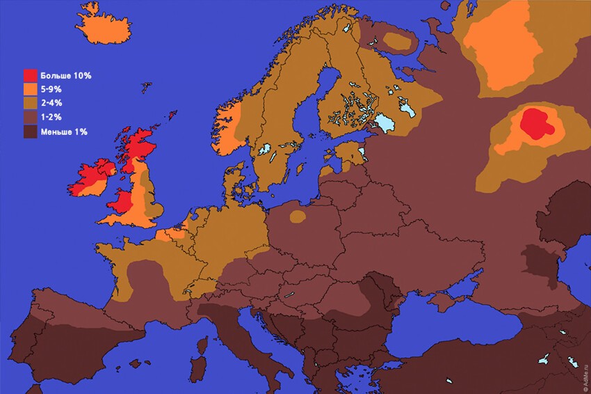 Количество рыжих в Европе
