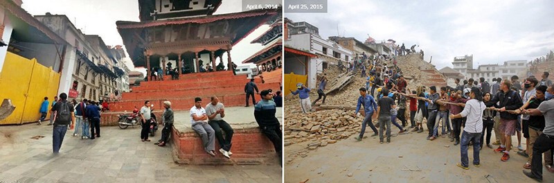 Волонтеры помогают собрать обломки трехэтажного храма в Катманду.