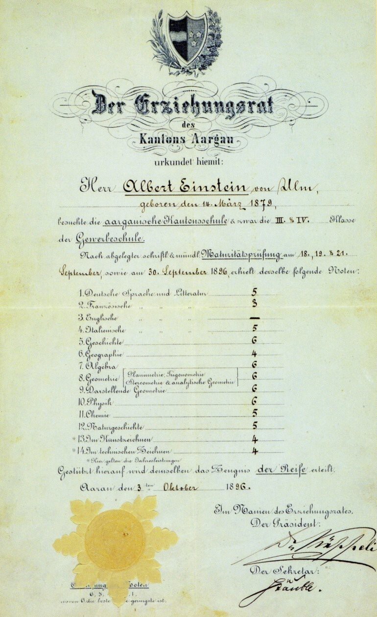 Аттестат Альберта Эйнштейна, который он получил в возрасте 17 лет, его оценки довольно посредственны, в масштабе от 1 до 6: