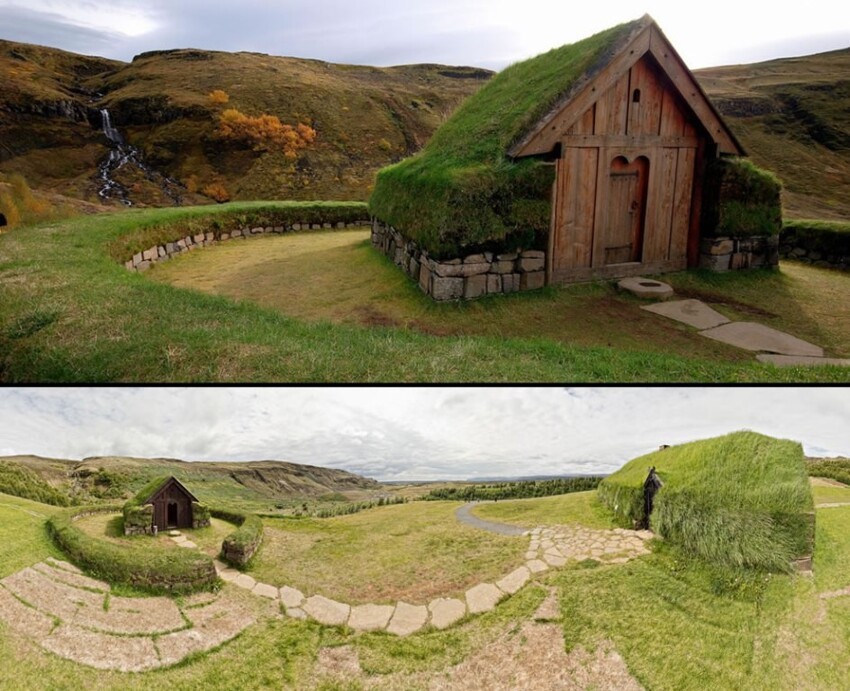 Исландская копия часовни викингов. Деревянная церковь , которая стоит рядом со средневековым домом, является реконструкцией типичной исландской средневековой часовни