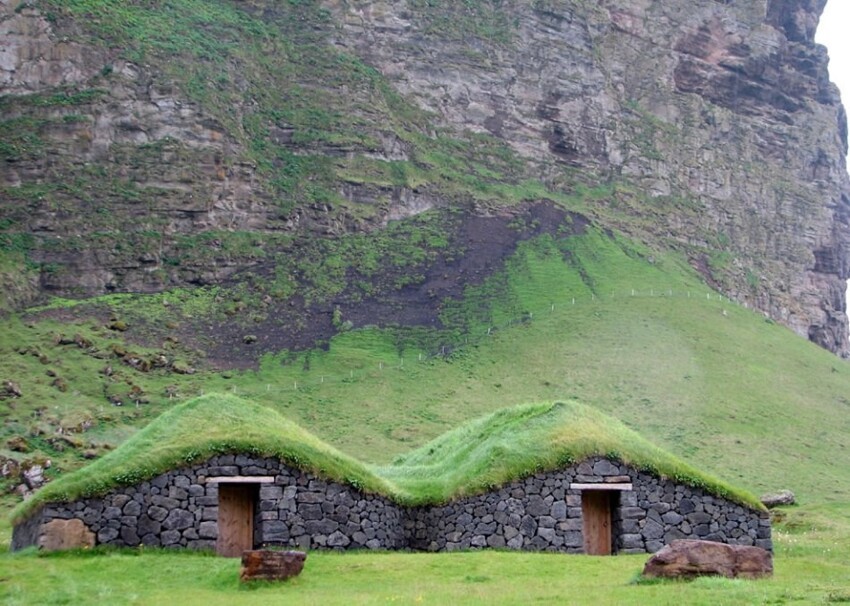 Дома с дерном на крыше на острове Хаймаей, Исландия. Дерновые крыши первоначально начали делать в Исландии из-за отсутствия природных ресурсов. Люди использовали местные строительные материалы, какие им были доступны.