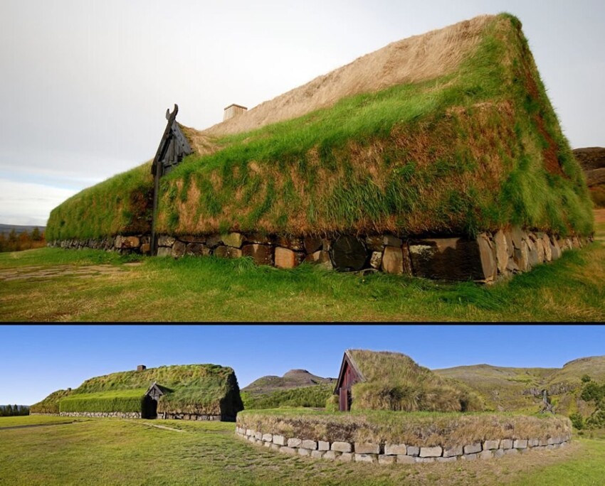 Реконструированный дом и часовня викингов.