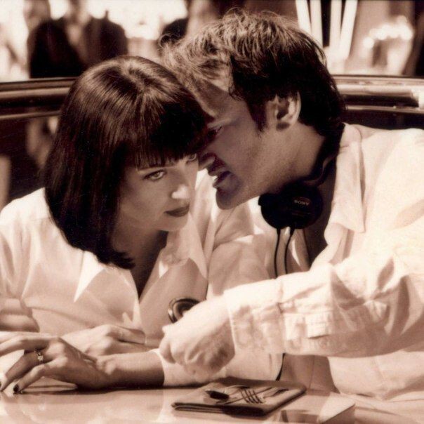 Ума Турман и Квентин Тарантино во время съемок фильма "Криминальное чтиво", 1994 г.