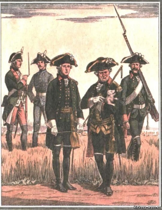 Мушкетеры морских батальонов (в повседневной и рабочей форме),  обер-офицер, штаб-офицер и мушкетер гарнизонных батальонов.